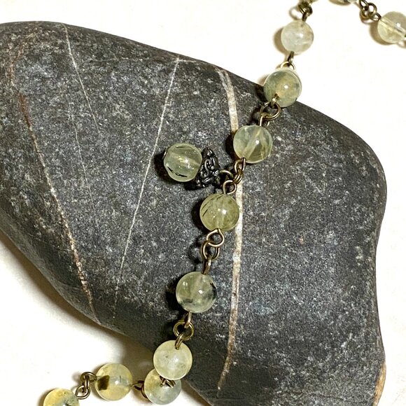 Natural Yellow Green Prehnite Necklace, Cute Bronze Acorn + Genuine Gemstone - Picture 6 of 16